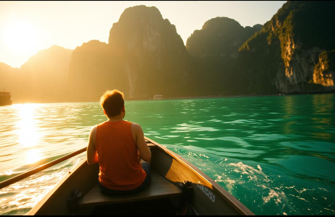 A traveler on a longtail boat at golden hour